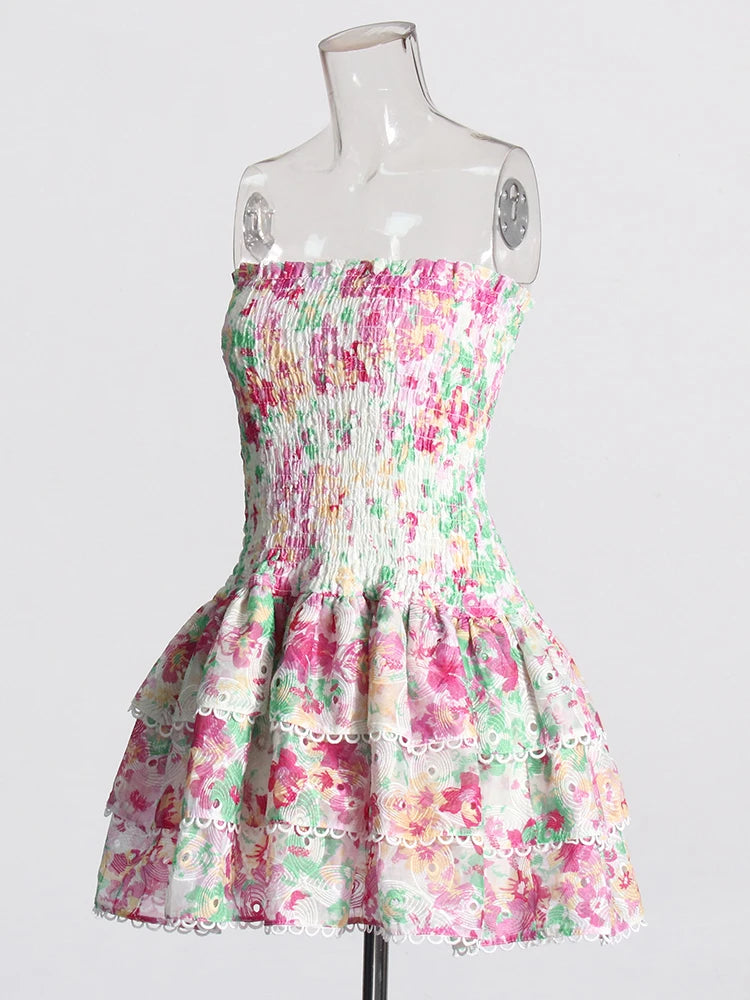 Zalia Atelier | Pink and Green Floral Print Strapless Mini Dress | Ruffles