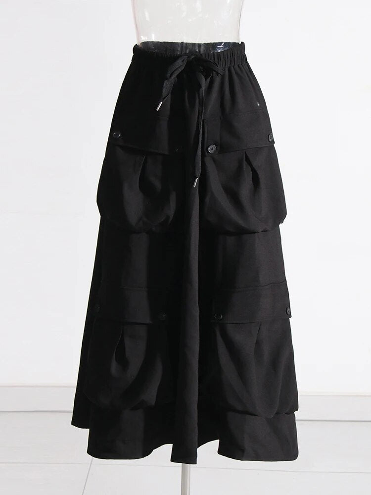 Black Midi Skirt With Pockets and Drawstring Closure