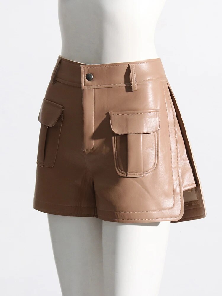 Khaki leather shorts with raw seams | Zalia Atelier