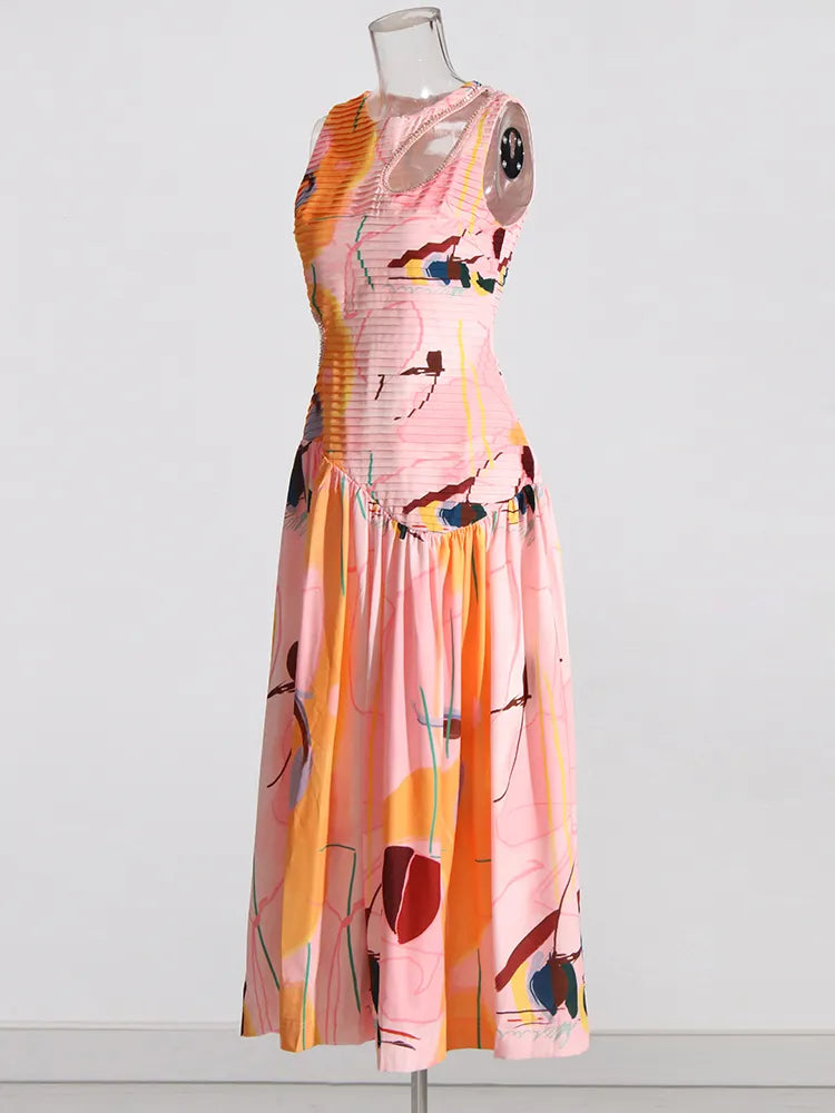 print midi dress with rhinestone trim cutouts