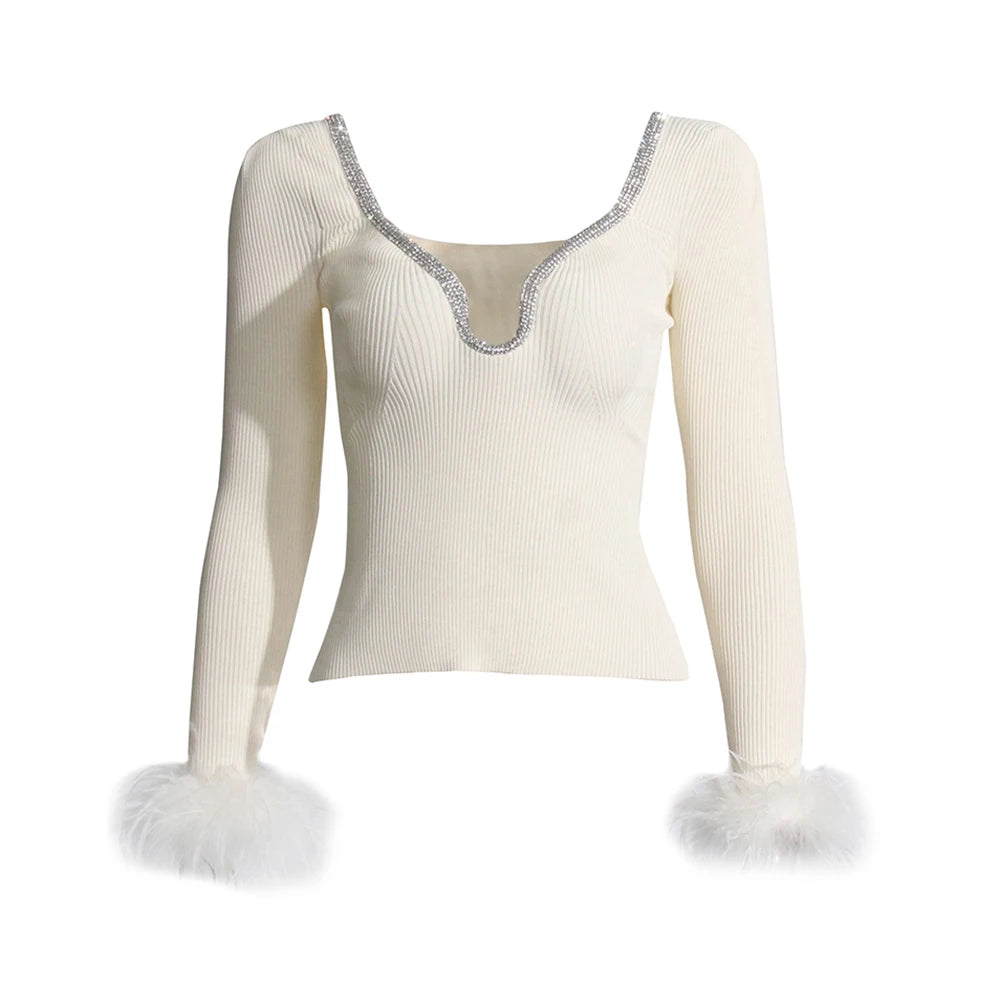 White Long Sleeve Knit Top Feather Cuffs