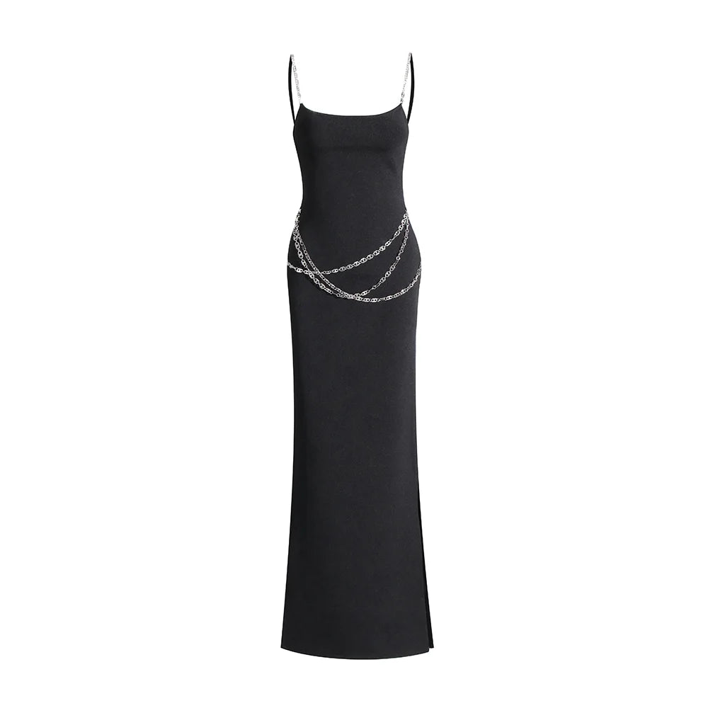 Zalia Atelier | Black Maxi Dress Chain Straps and Belt