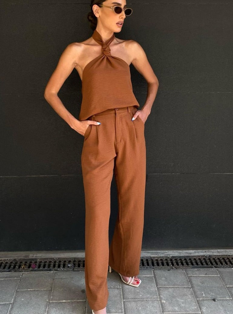 Brown Lounge Set | Halter Neck Top and Loose Trousers | Zalia Atelier