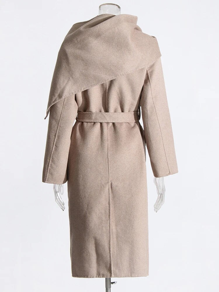 Light Khaki Coat with Attached Scarf and matching belt | Zalia Atelier