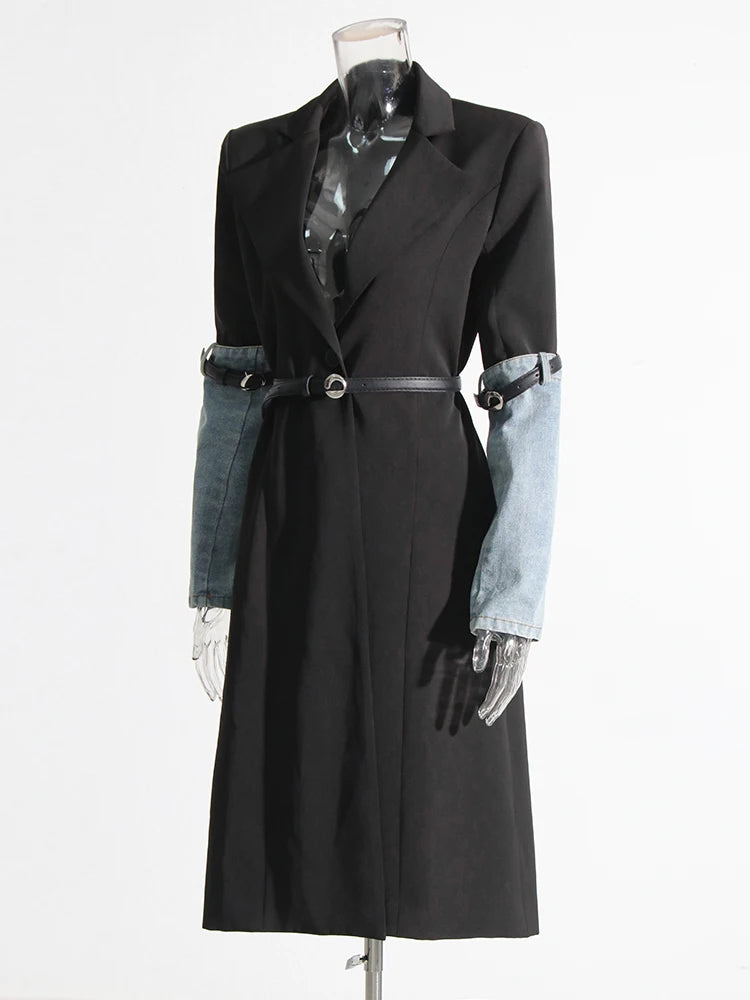 Belted Black Trench Coat with denim patchwork sleeves with straps