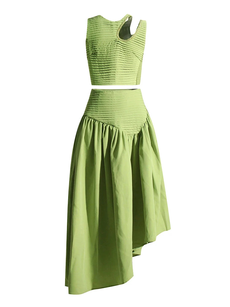 Green top and midi skirt set, shoulder cut out top with rhinestones