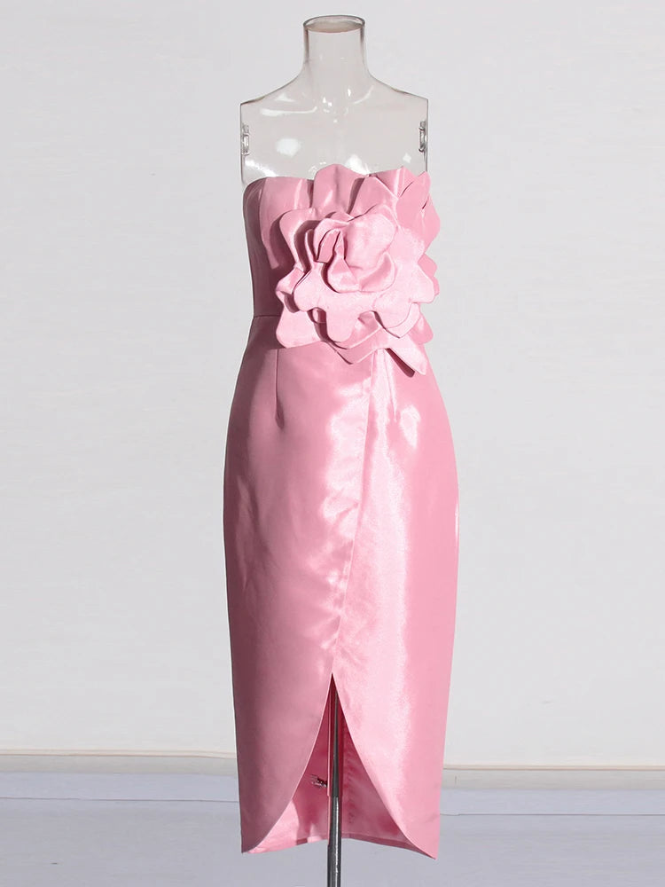 Zalia Atelier | Strapless Pink Party Dress | Applique and Front Split