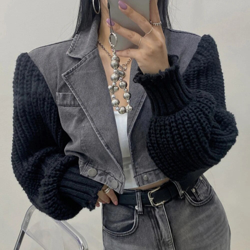 Grey Denim Jacket with Black Knit Sleeves