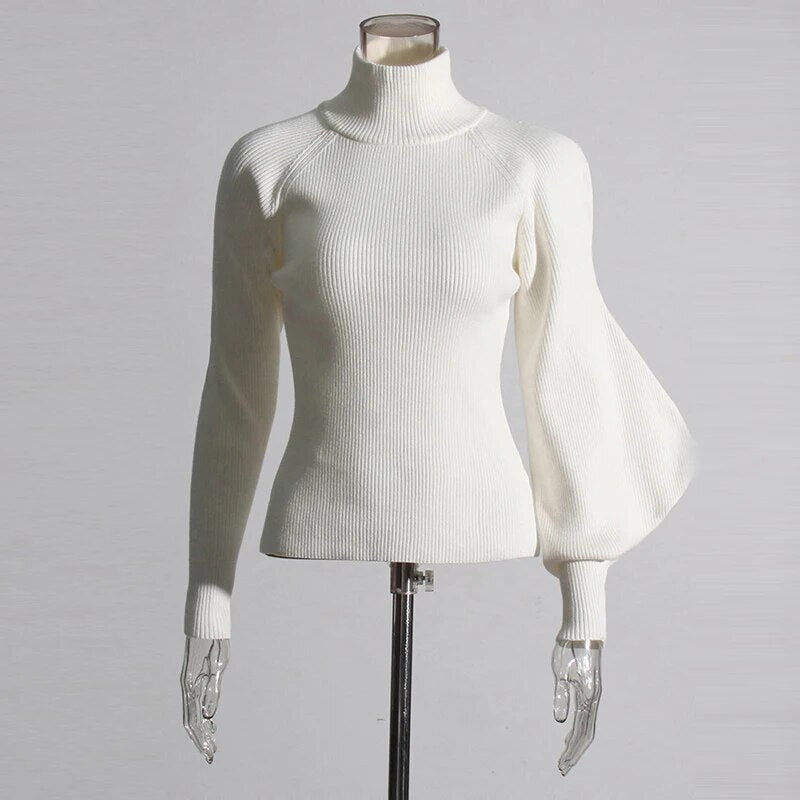 White turtleneck sweater with one lantern sleeve | Zalia Atelier