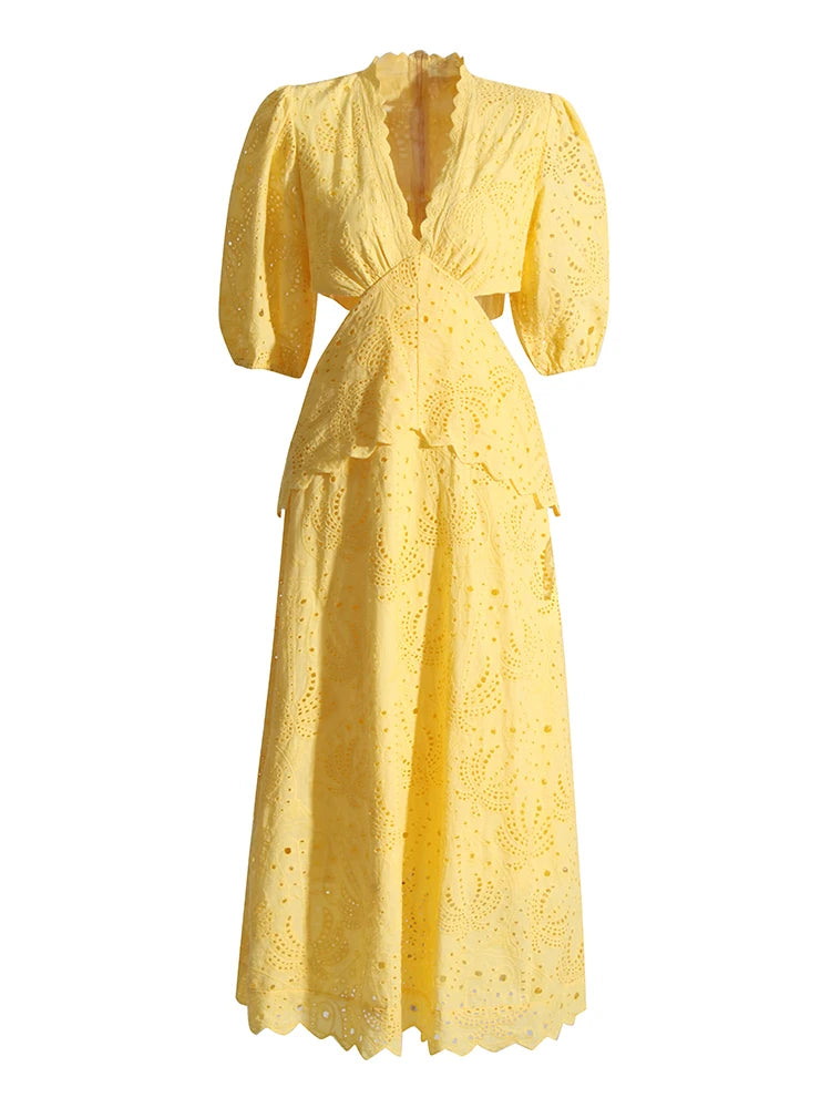 Yellow Midi Dress Puff Sleeves Embroidered