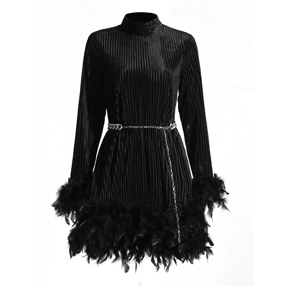 Zalia Atelier | Black Velour Mini Dress Long Sleeves Turtle Neck Feather Trim Cuffs and Hem