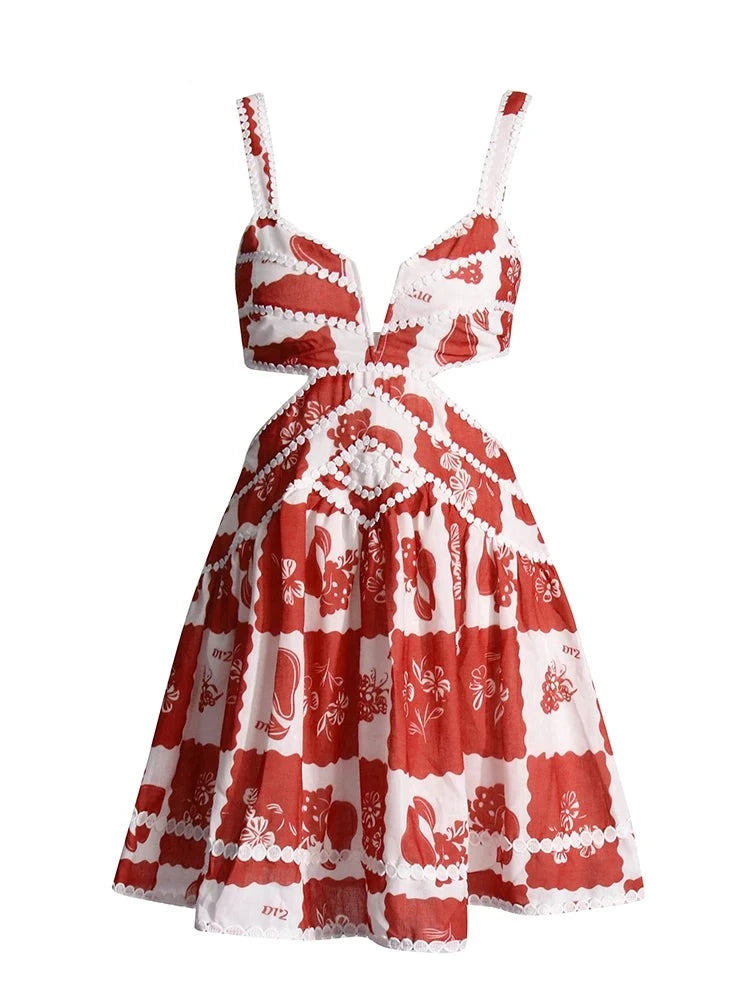 Zalia Atelier | Red Print Mini Dress | Summer Dress | Cutout Dress