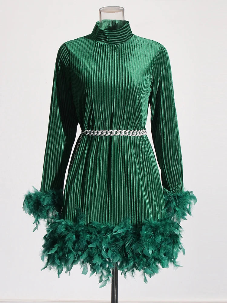 Zalia Atelier | Green Velour Mini Dress Long Sleeves Turtle Neck Feather Trim Cuffs and Hem