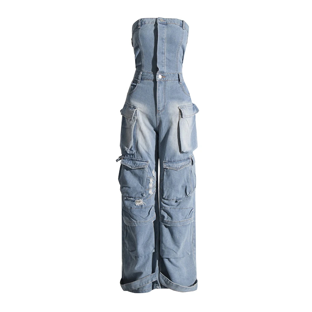 Zalia Atelier | Light Denim Strapless Cargo Jumpsuit