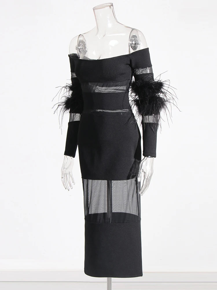 Zalia Atelier | Black Midi Dress Strapless Long Sleeves With Feathers