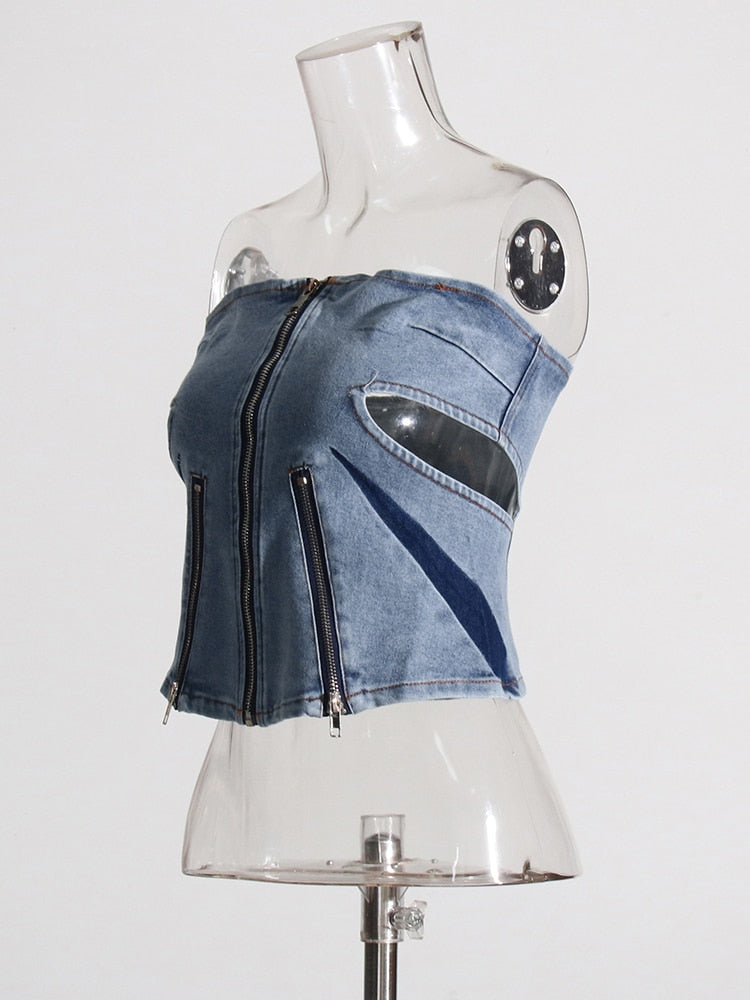 Strapless Denim Top With Zipper Detail | Zalia Atelier