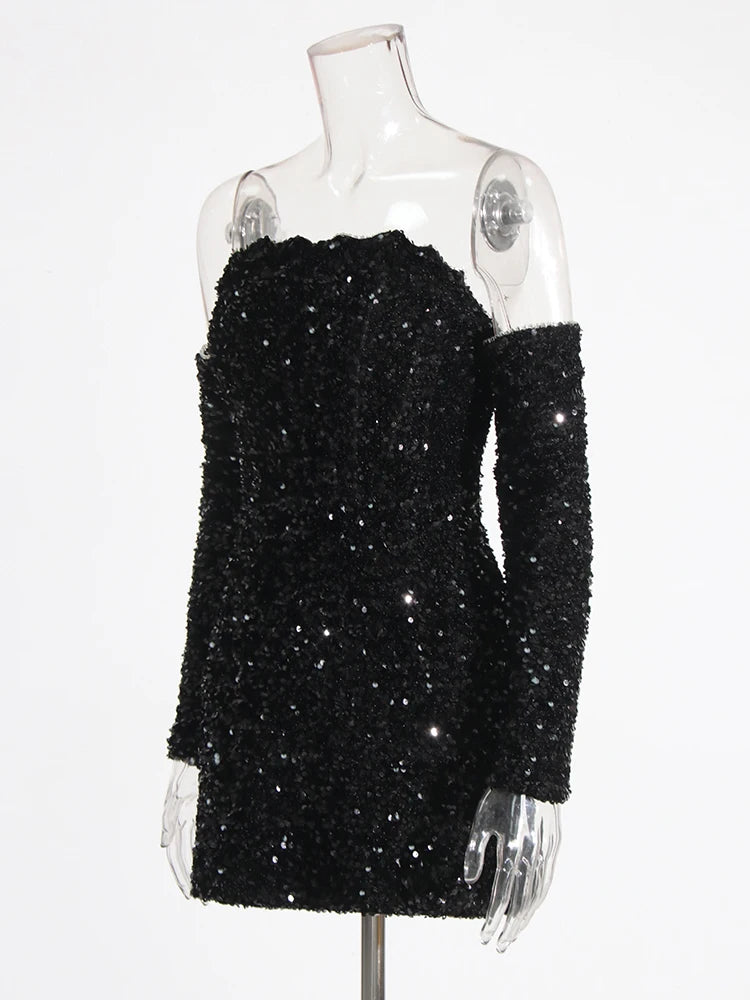 Zalia Atelier | Black Sequins Strapless Mini Dress with Half Sleeves