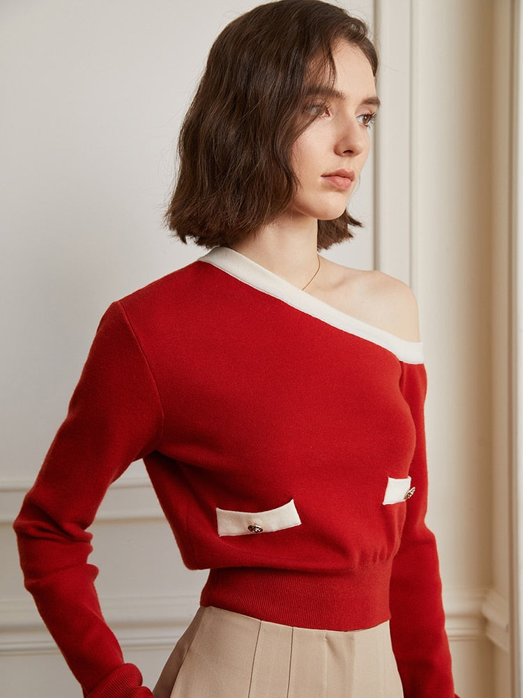 Red Knit Top with One Cold Shoulder and White Trims