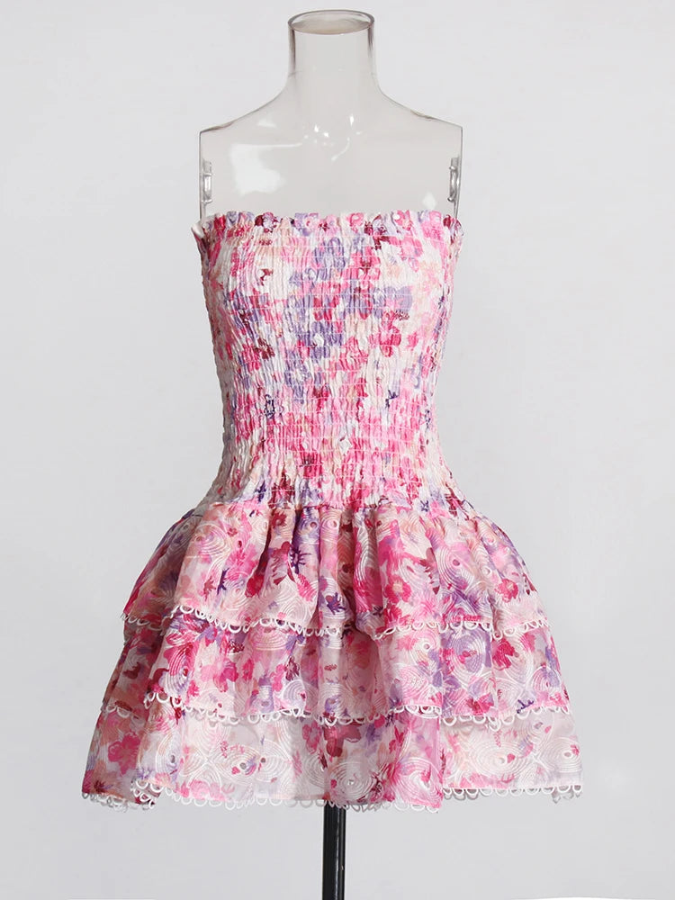 Pink Floral Strapless Mini Dress Embroidery | Zalia Atelier