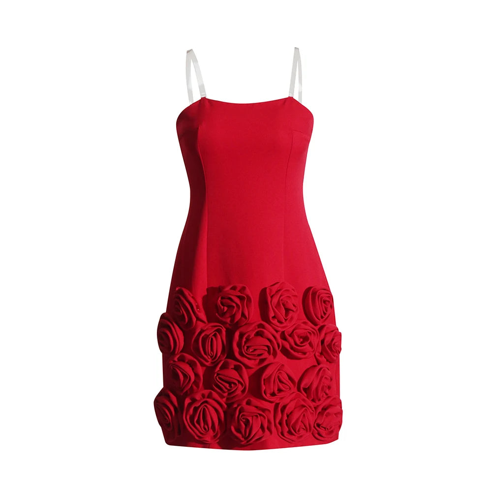 Red Mini Dress Flower Appliques Clear Straps | Zalia Atelier