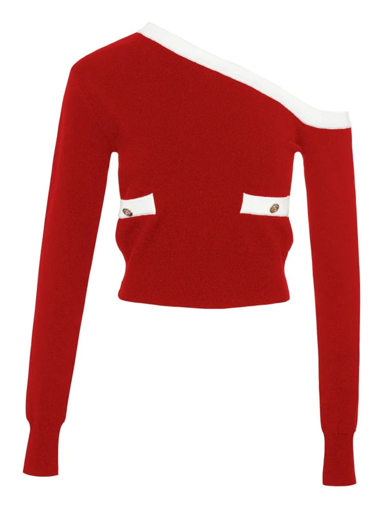 Red Knit Top with One Cold Shoulder and White Trims