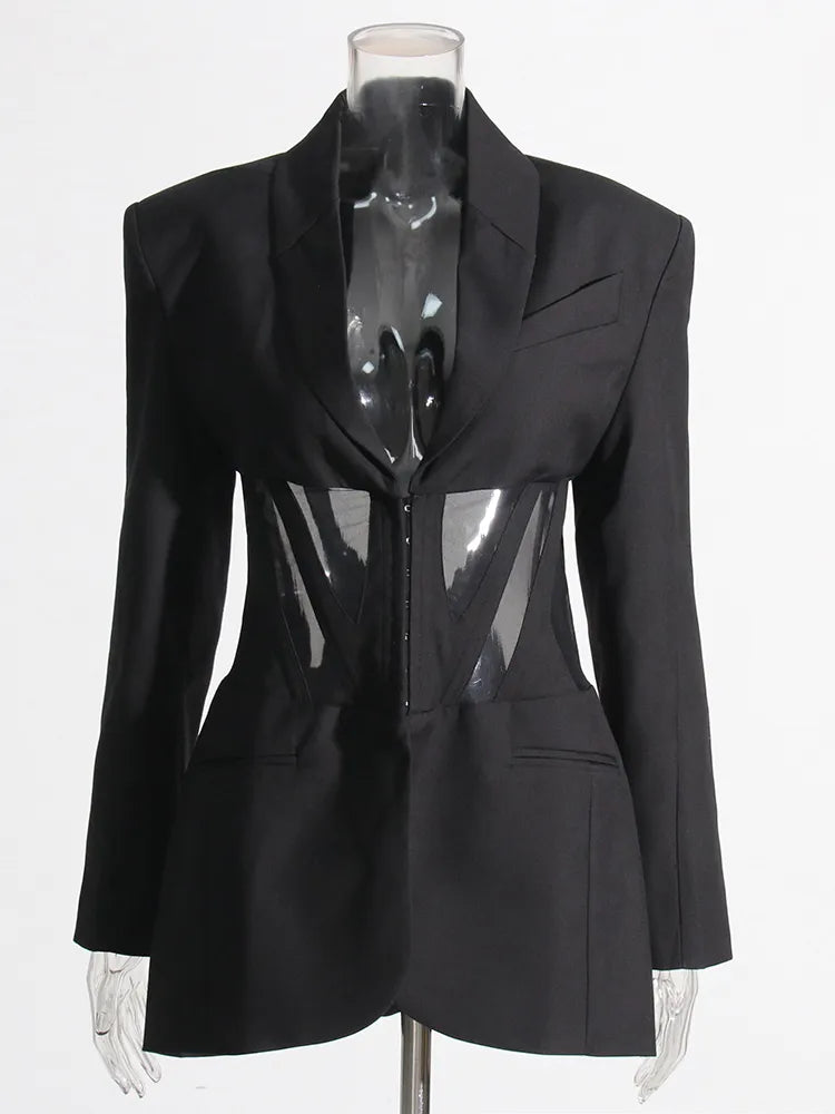 Black blazer single breasted mesh waist detail