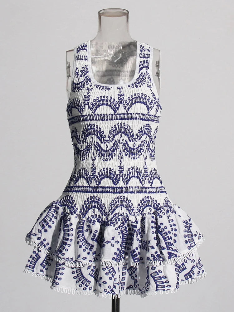 Blue Print Sleeveless Mini Dress with embroidery and ruffle skirt detail Charo Ruiz Dupe | Charo Ruiz Ibiza Dupe