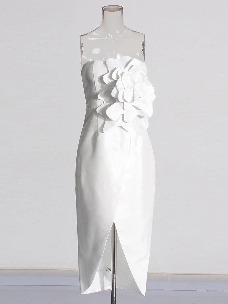 Zalia Atelier | Strapless White Party Dress | Applique and Front Split | Bride To Be | Bridal