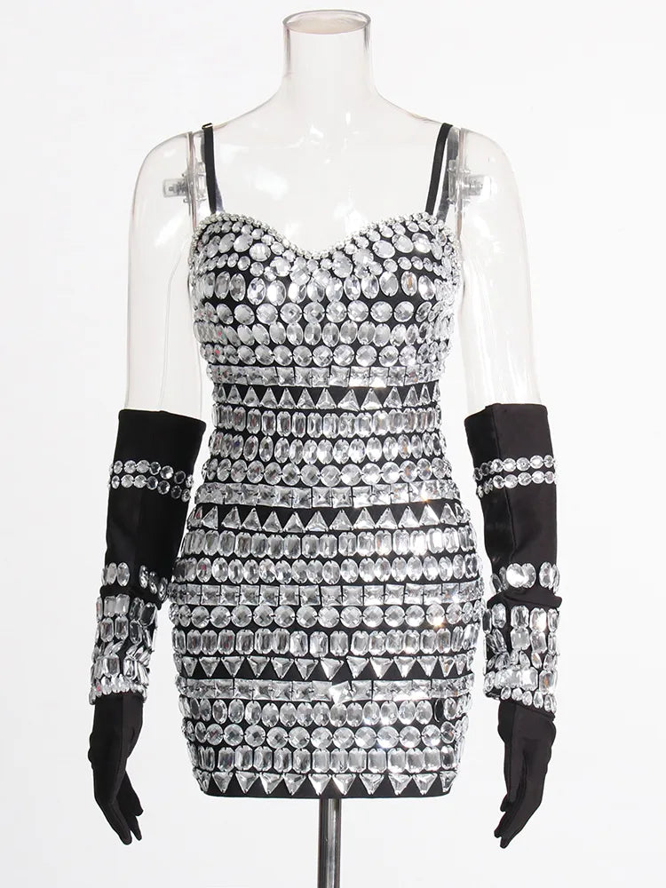 Zalia Atelier | Crystal Bead Mini Dress with Matching Gloves