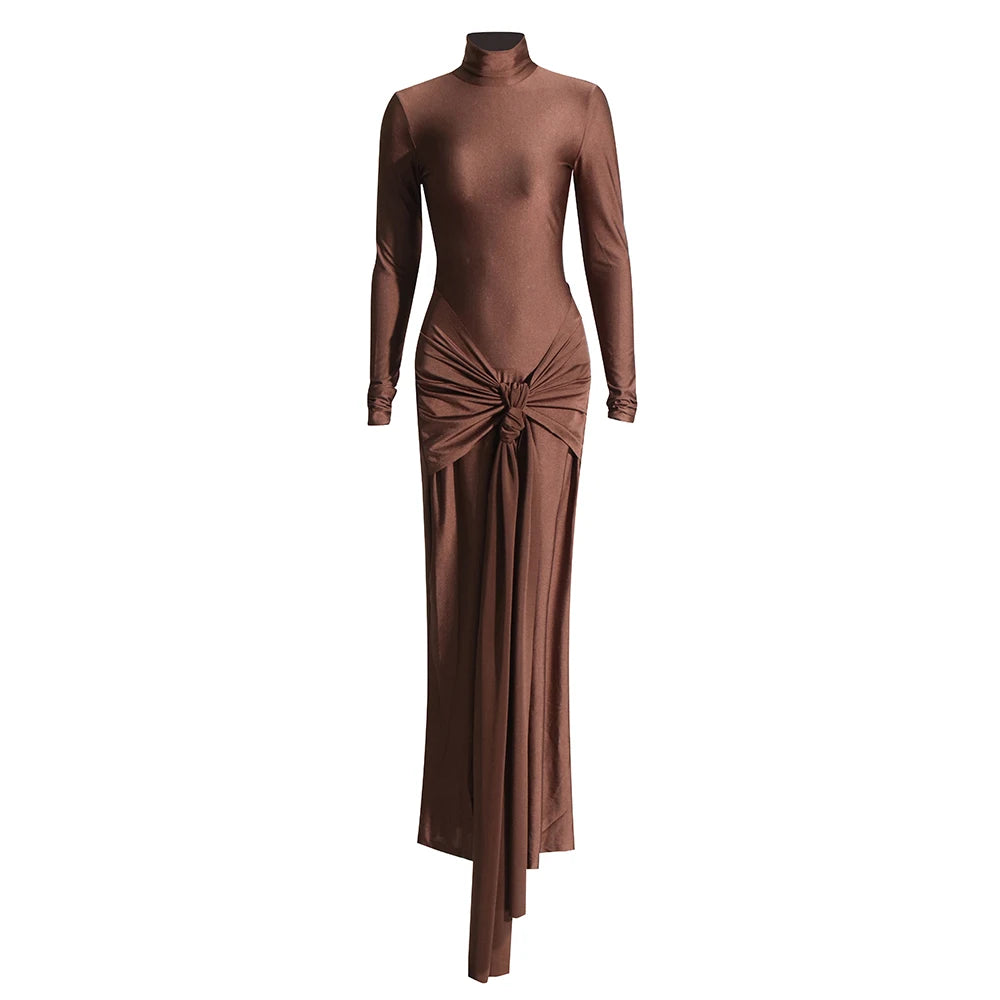 Brown dress with long sleeves and turtleneck sexy party dress