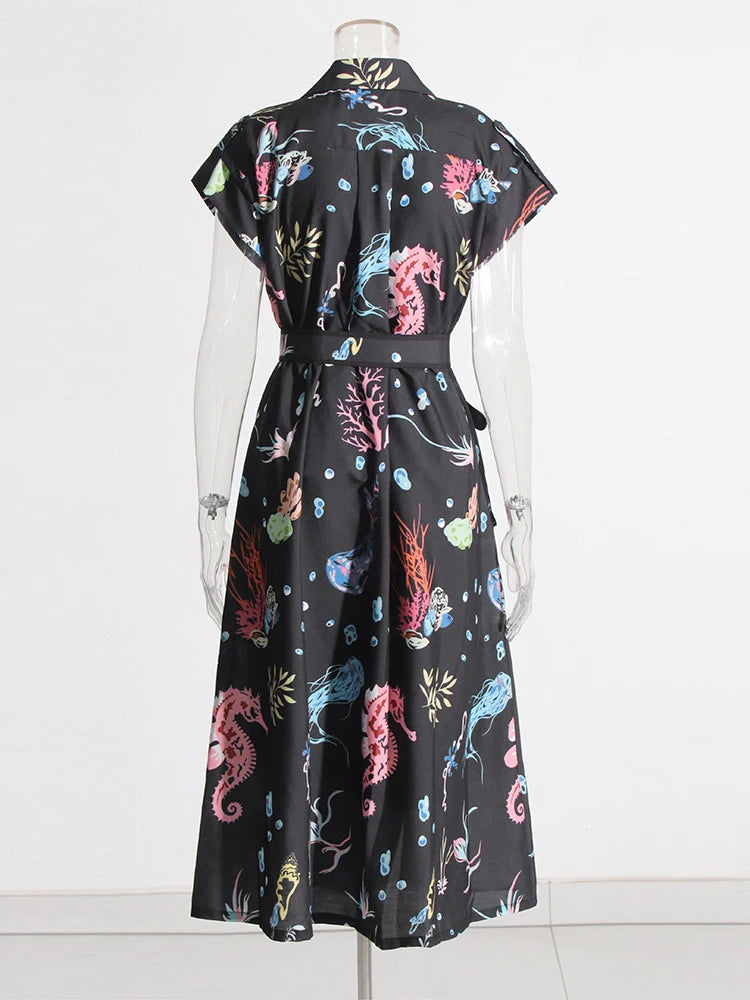 Zalia Atelier | Black Dress With Print Folded Short Sleeves