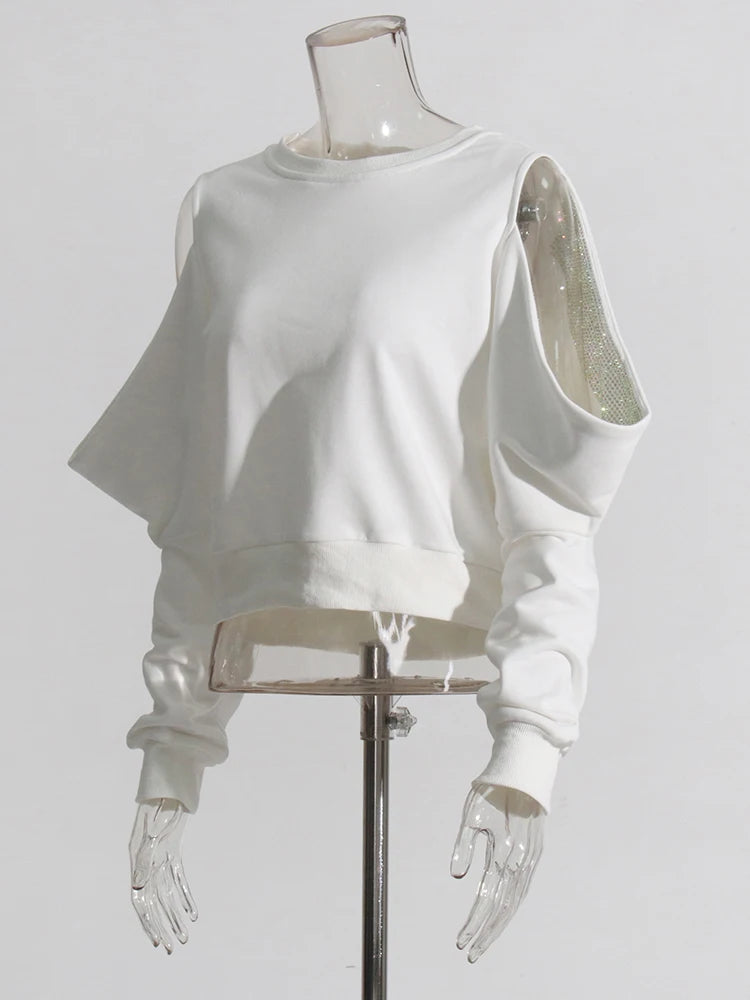 Zalia Atelier | White Sweatshirt with crystals embellished sleeves