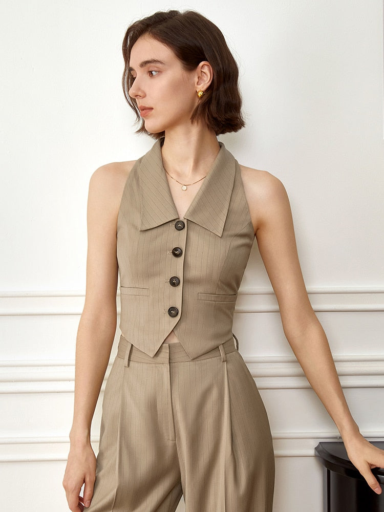 Posh Style Khaki Vest with turndown collar | Zalia Atelier