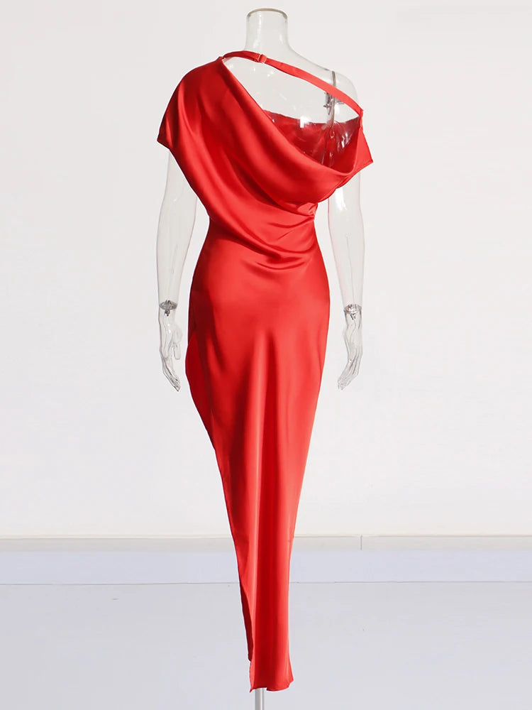 Zalia Atelier | Red Satin Dress Off Shoulder