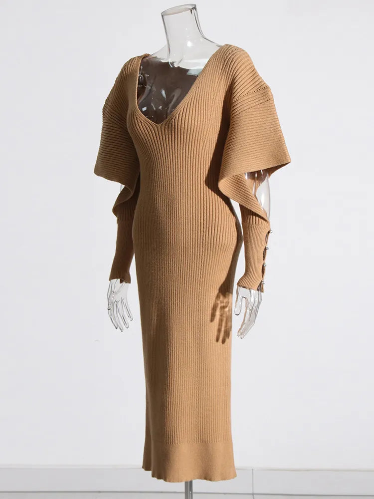 Khaki knit midi dress with long sleeves with cutouts