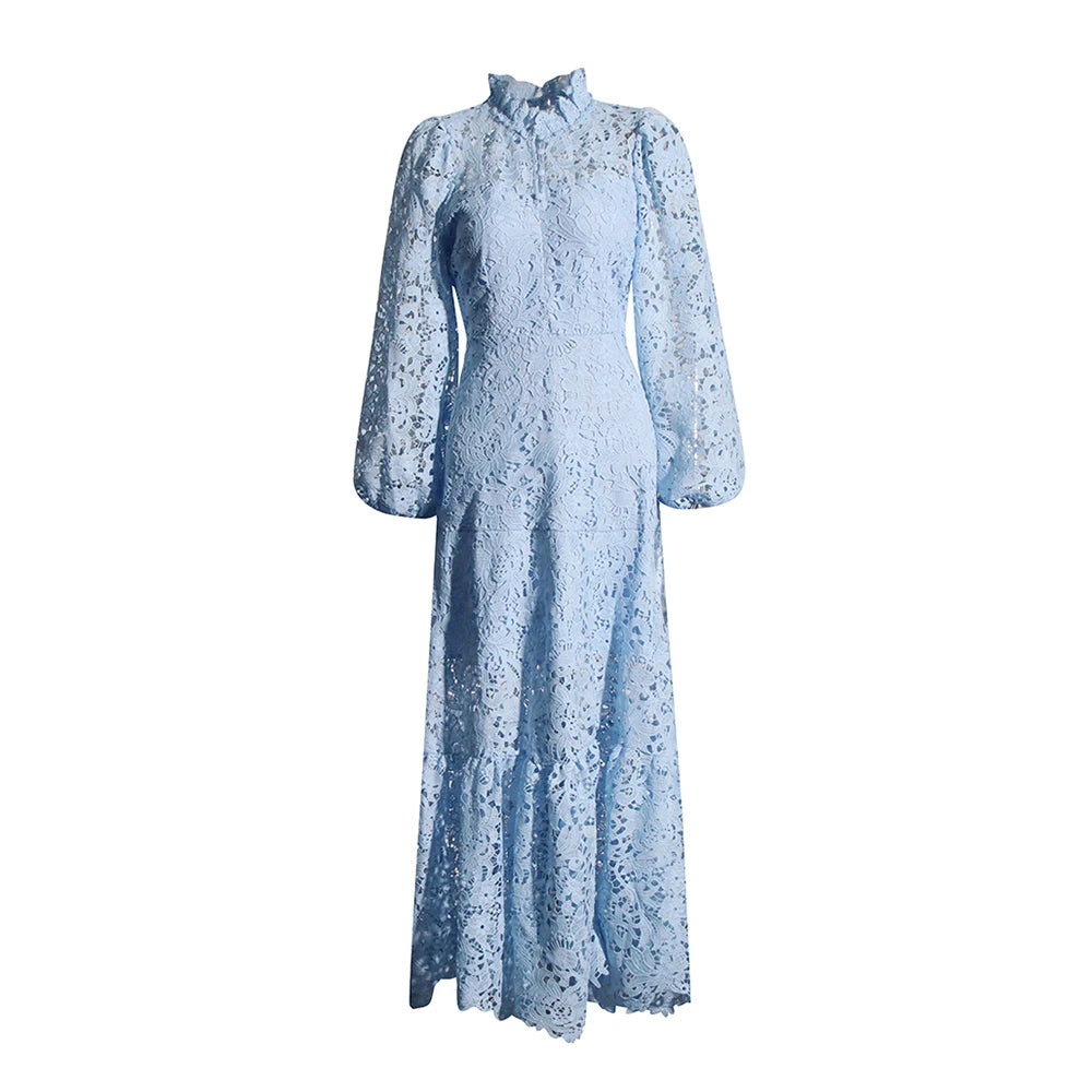 Zalia Atelier | Blue Embroidered Lace Maxi Dress Long Sleeves