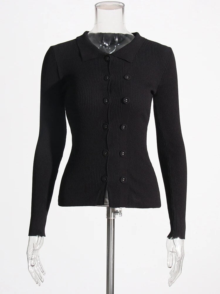 Black Knit Top Long Sleeves Front Buttons