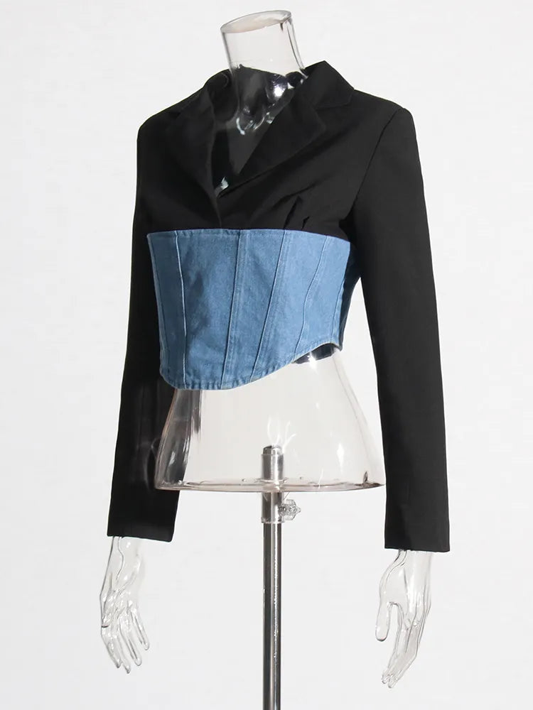 Black top with blue denim patchwork | Zalia Atelier