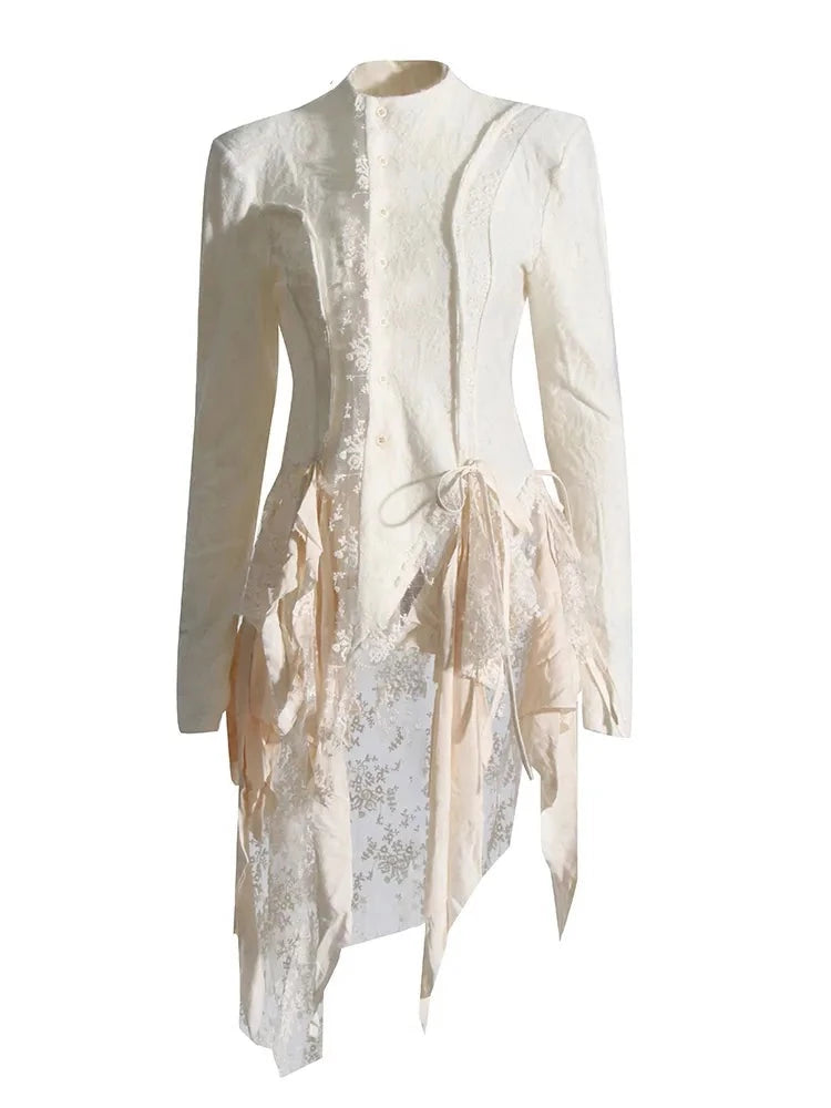 Beige Lace Tunic with ruffles and asymmetrical hem