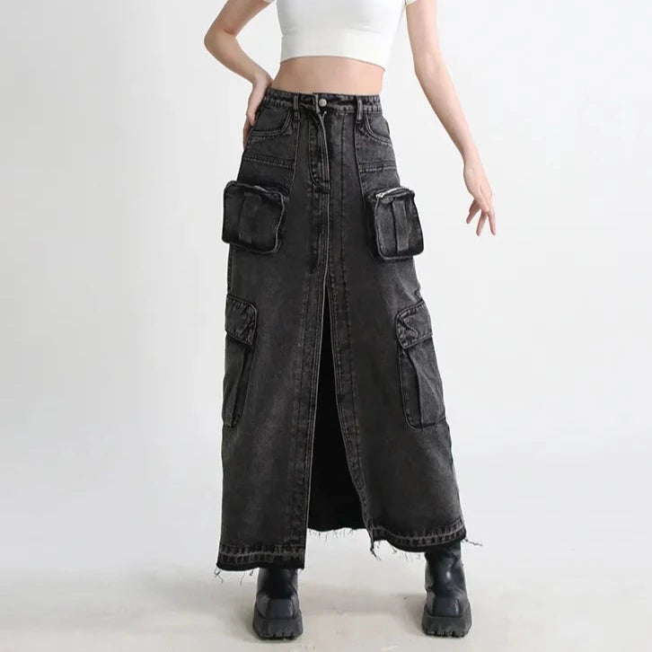 Cargo Denim Midi Skirt