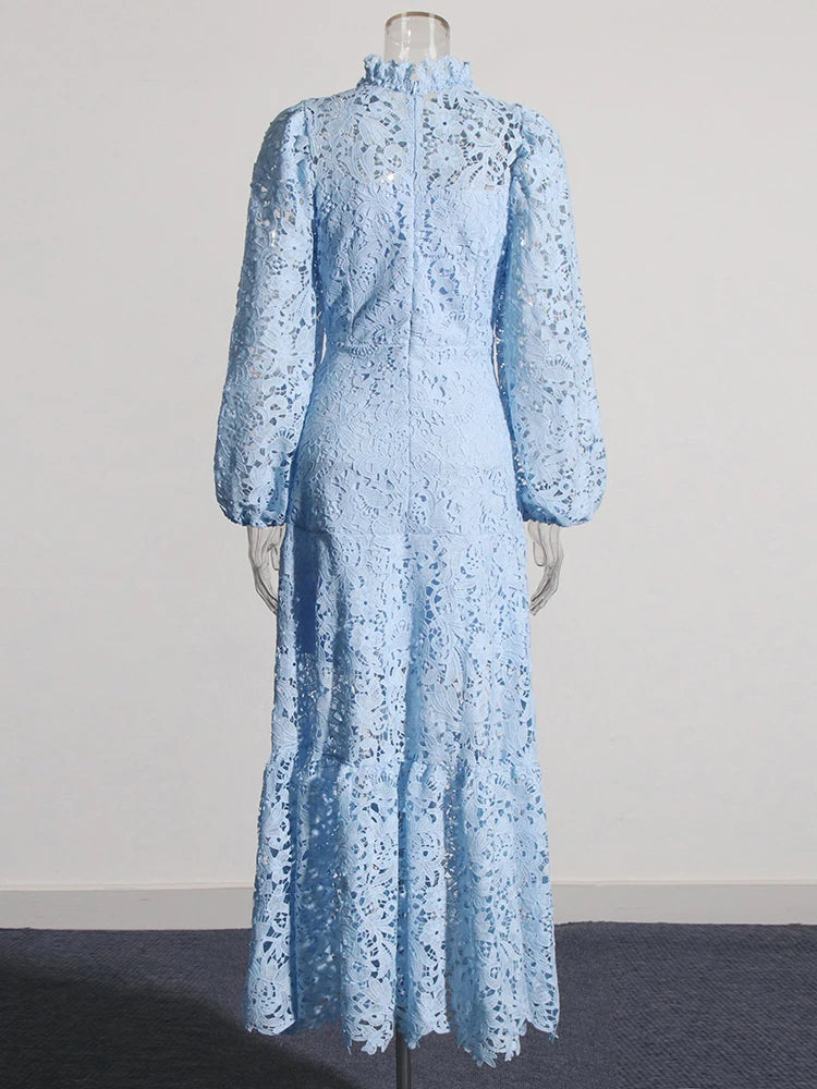 Zalia Atelier | Blue Embroidered Lace Maxi Dress Long Sleeves