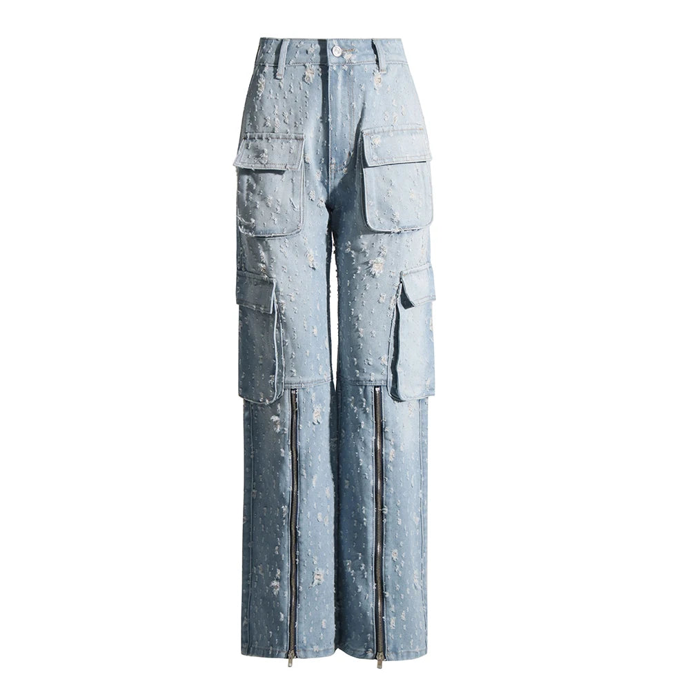 Denim cargo pants with rips and zippers | Zalia Atelier