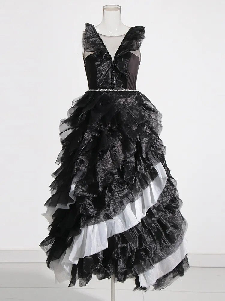 Black and White Mesh Party Gown with Tiered Ruffles | Cocktail Gown