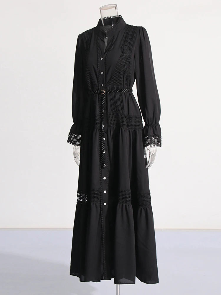 Black Maxi Dress Long Sleeve Buttons Sash Belt Lace Panel Vacation Dress