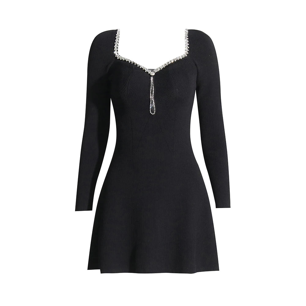 Zalia Atelier | Black Knit Mini Dress with long sleeves and crystal rhinestone neck trim