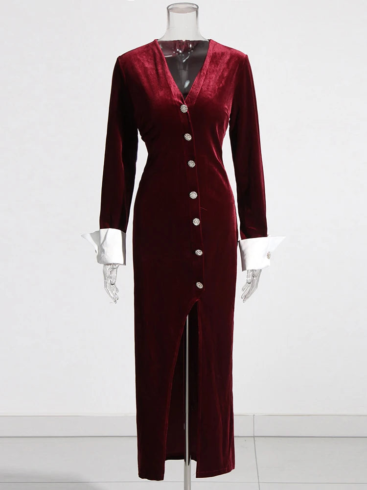 Zalia Atelier | Burgundy velvet dress with white cuffs and rhinestone buttons