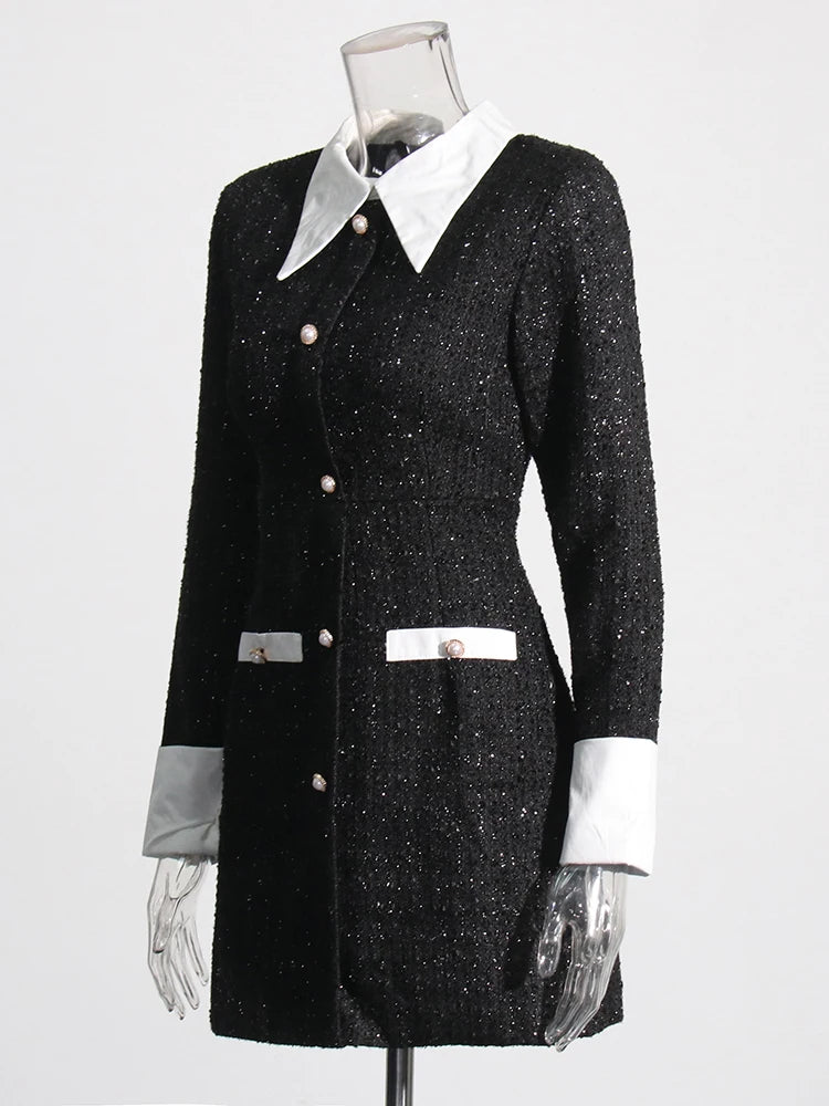 Zalia Atelier | Black Tweed Mini Dress White Collar and Cuffs | Sparkly Tweed Dress