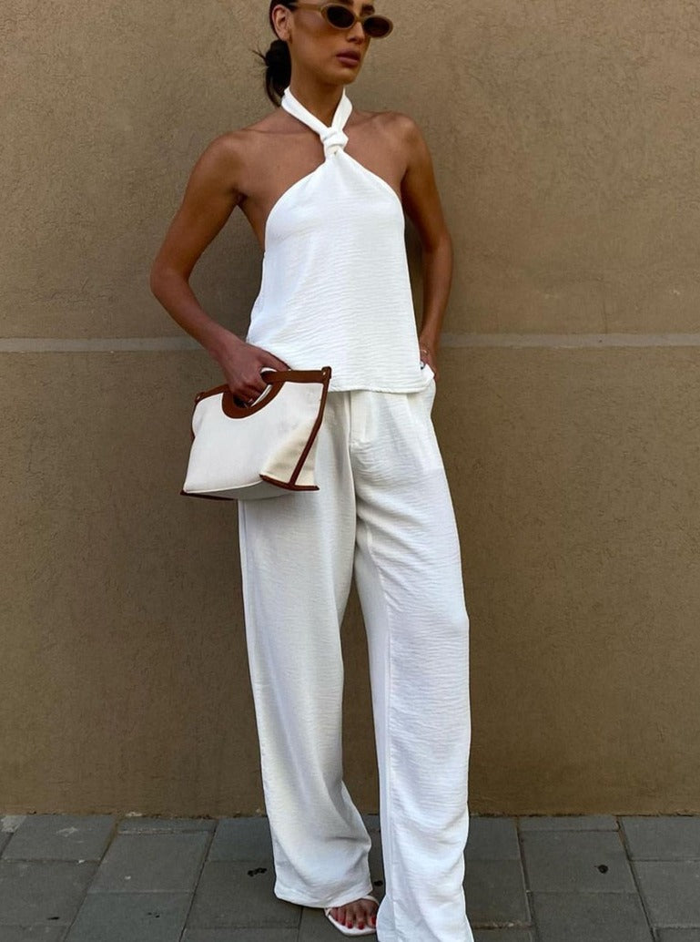 White Lounge Set | Halter Neck Top and Loose Trousers | Zalia Atelier