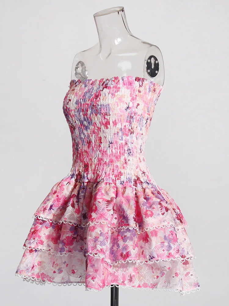 Pink Floral Strapless Mini Dress Embroidery | Zalia Atelier