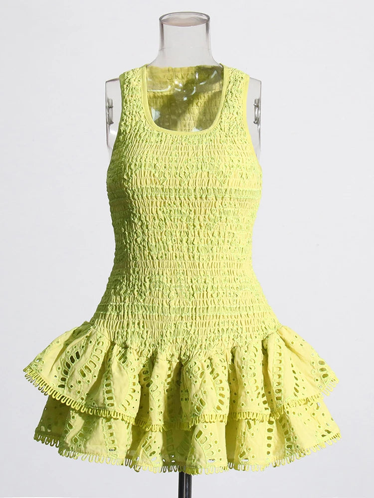 Zalia Atelier | Green Sleeveless Mini Dress with embroidery and ruffle skirt detail Charo Ruiz Dupe